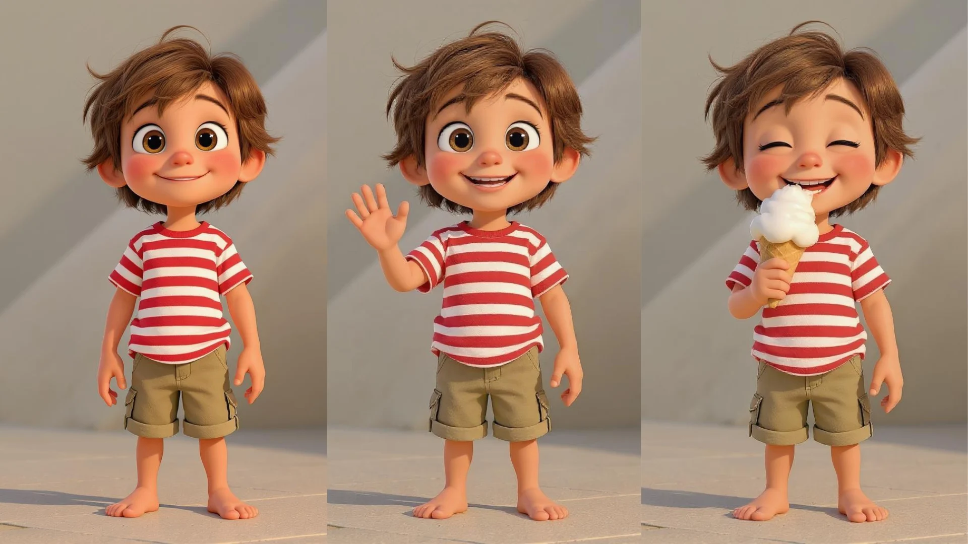 The same cartoon boy generated in three poses — standing, waving, and holding an ice cream — with identical face, hair, striped shirt, and shorts