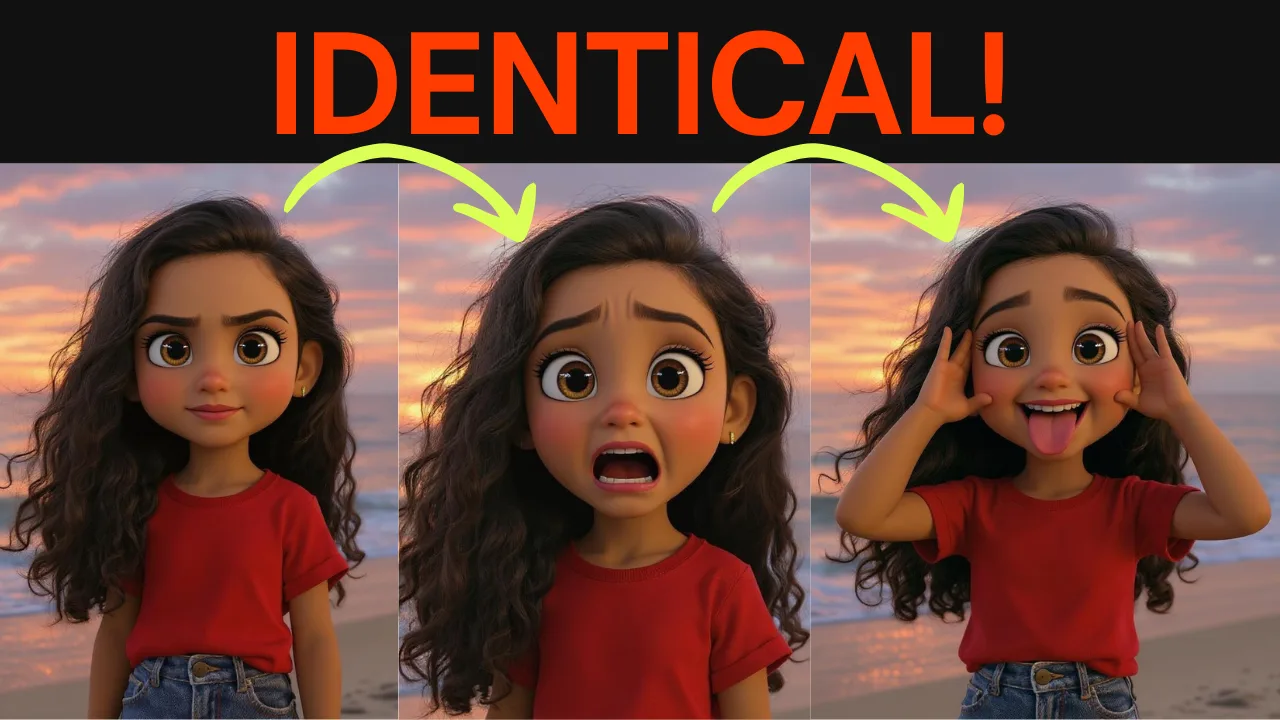 The same cartoon girl shown in three expressions — neutral, surprised, and delighted — with an 'IDENTICAL!' label, demonstrating Neolemon keeping her face consistent