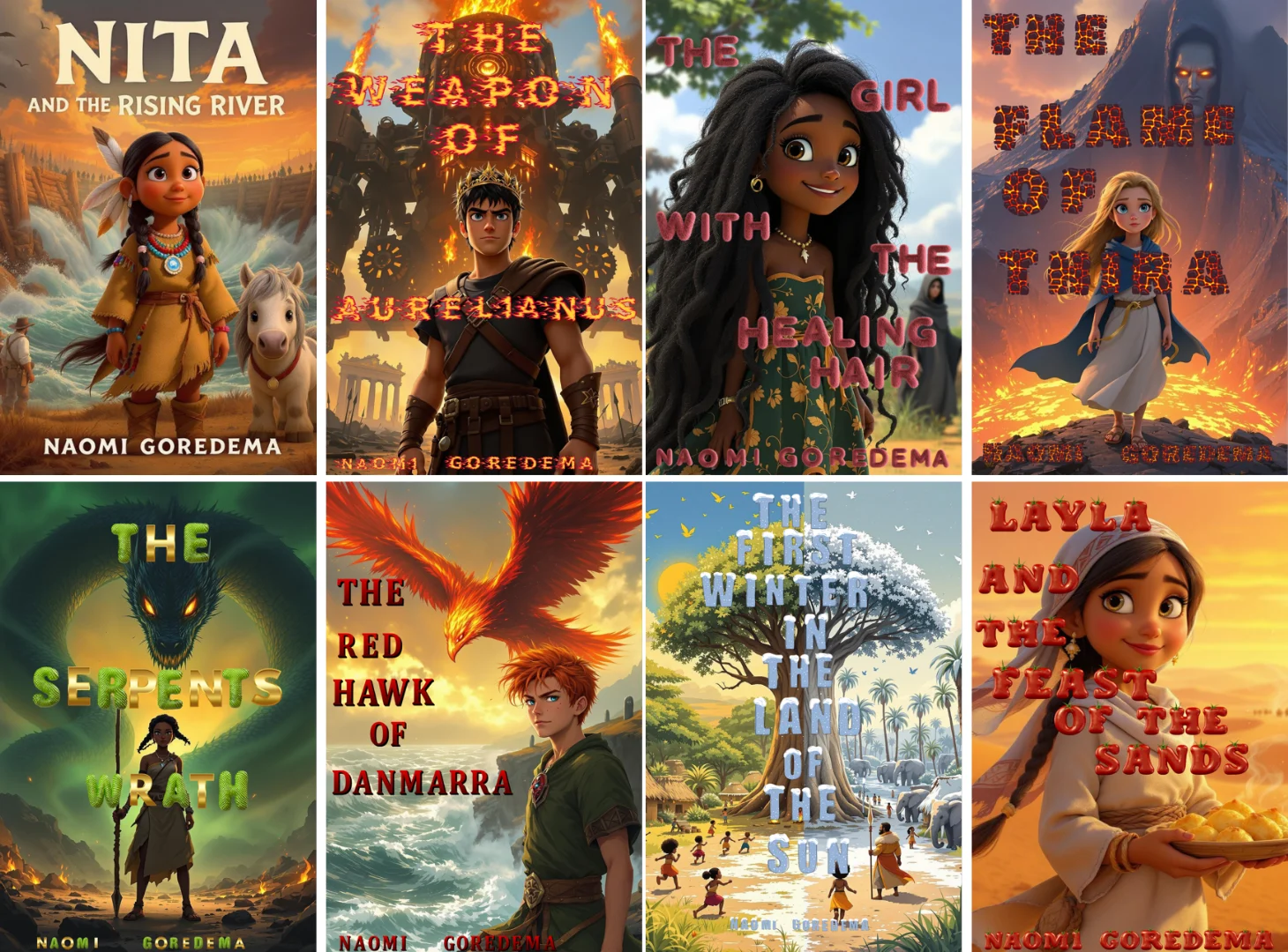 Eight finished children's-book covers illustrated by author Naomi Goredema using Neolemon — each with a distinct, consistent cartoon hero