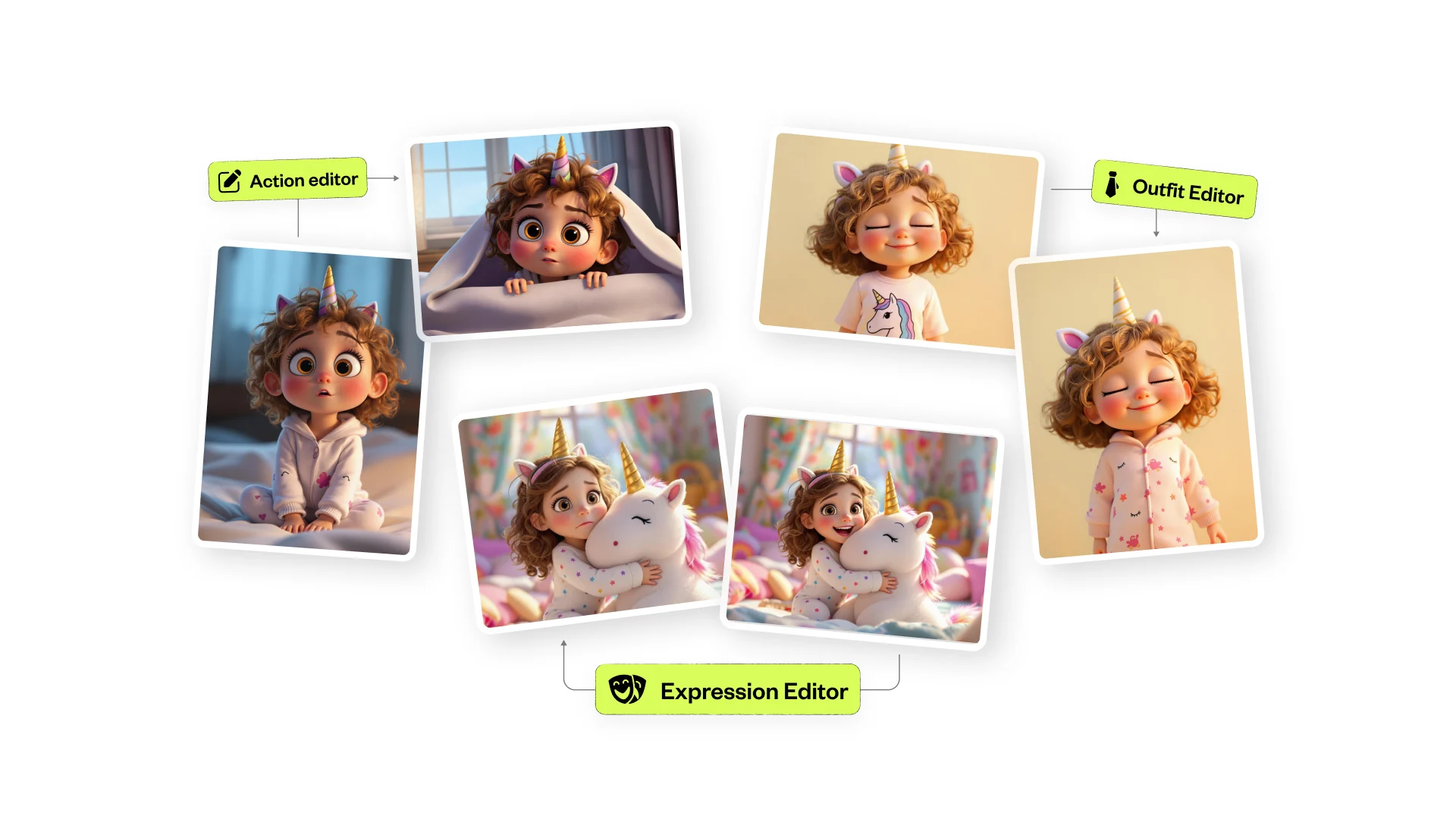 Neolemon's editors — Action, Expression, and Outfit — generating the same toddler character in different poses and outfits while the face stays identical
